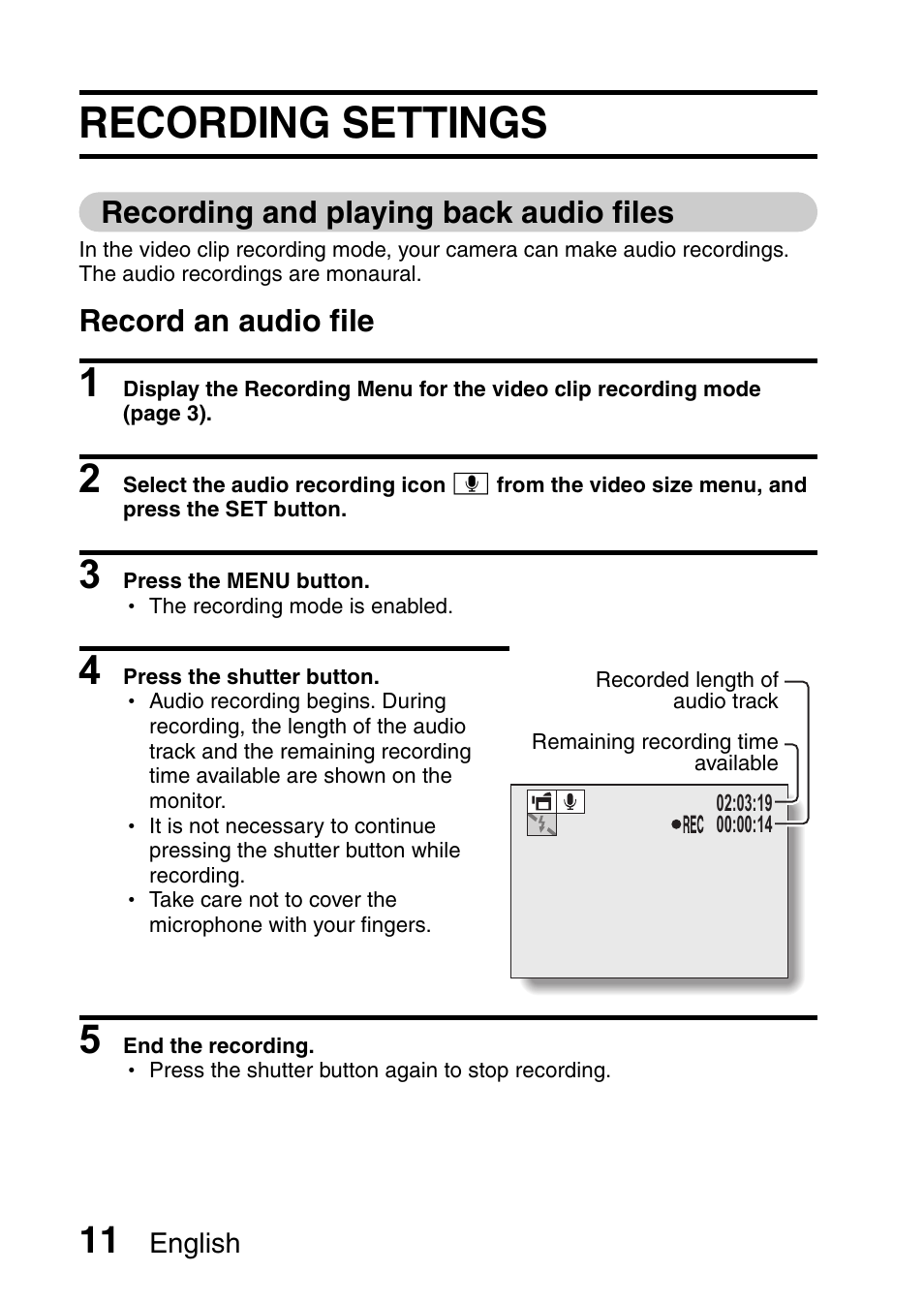 Recording settings, Recording and playing back audio files, Record an audio file | Sanyo VPC-X1200GX User Manual | Page 13 / 60