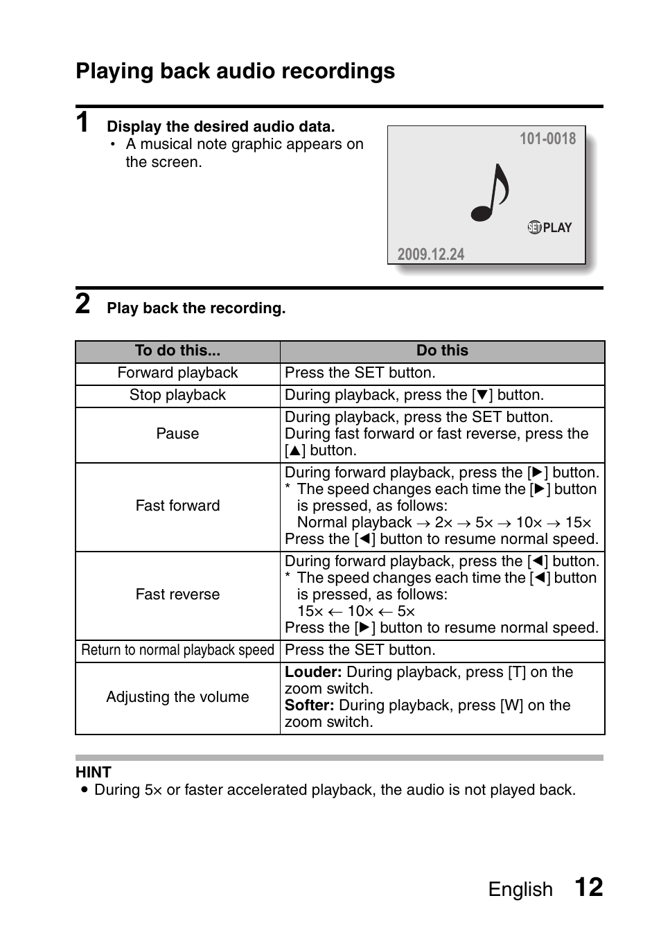 Playing back audio recordings, English | Sanyo VPC-X1200GX User Manual | Page 14 / 60