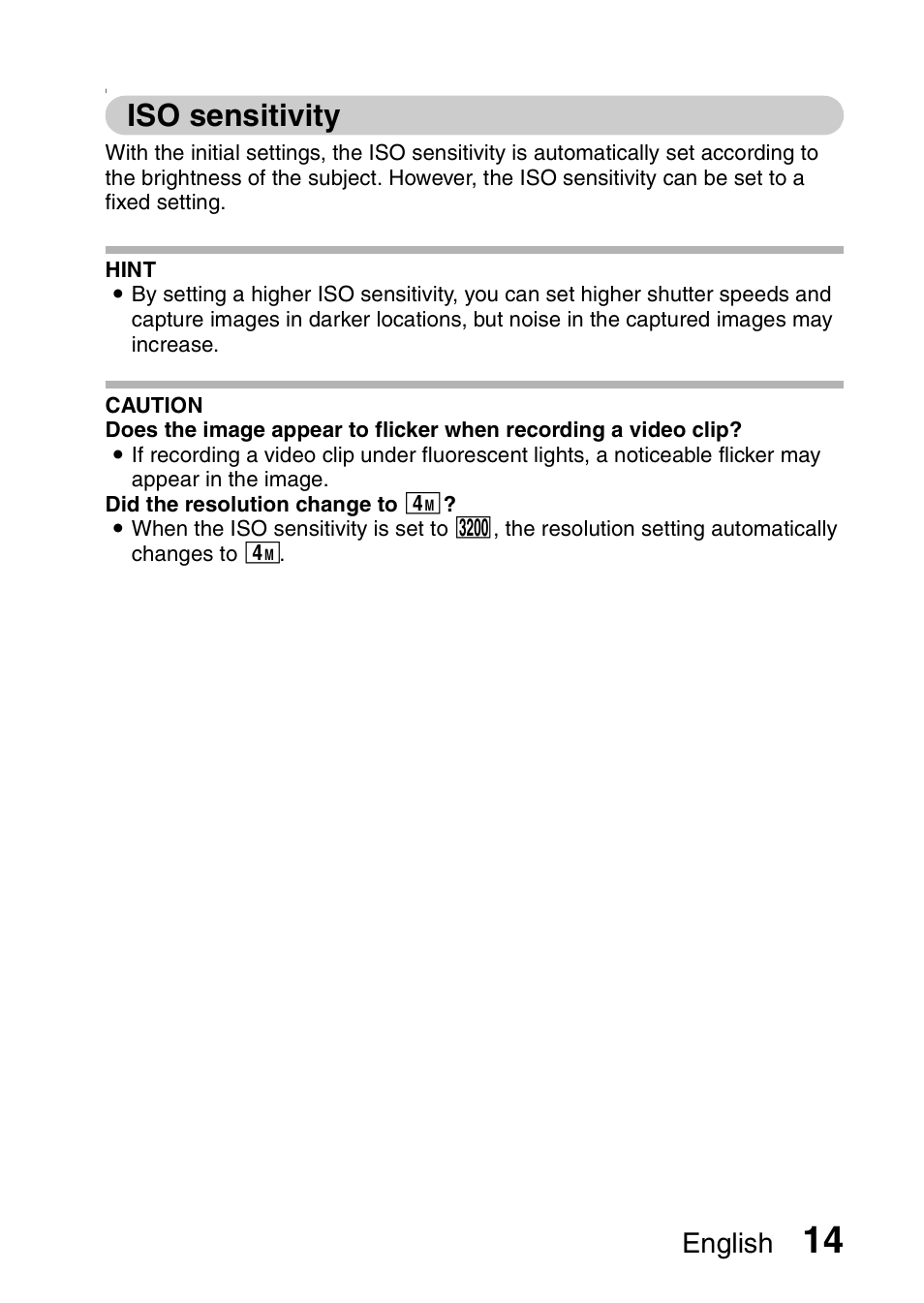 Iso sensitivity, English | Sanyo VPC-X1200GX User Manual | Page 16 / 60