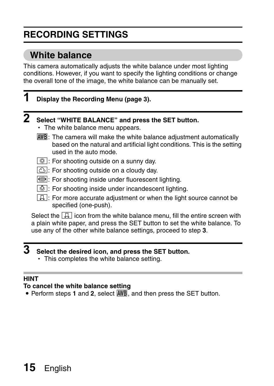Recording settings white balance | Sanyo VPC-X1200GX User Manual | Page 17 / 60