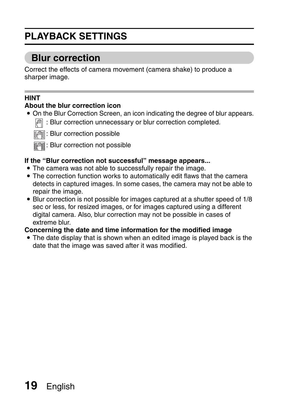 Playback settings blur correction, English | Sanyo VPC-X1200GX User Manual | Page 21 / 60
