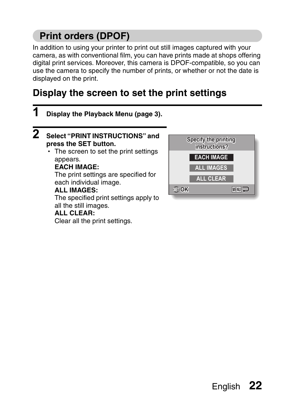 Print orders (dpof), Display the screen to set the print settings, English | Sanyo VPC-X1200GX User Manual | Page 24 / 60