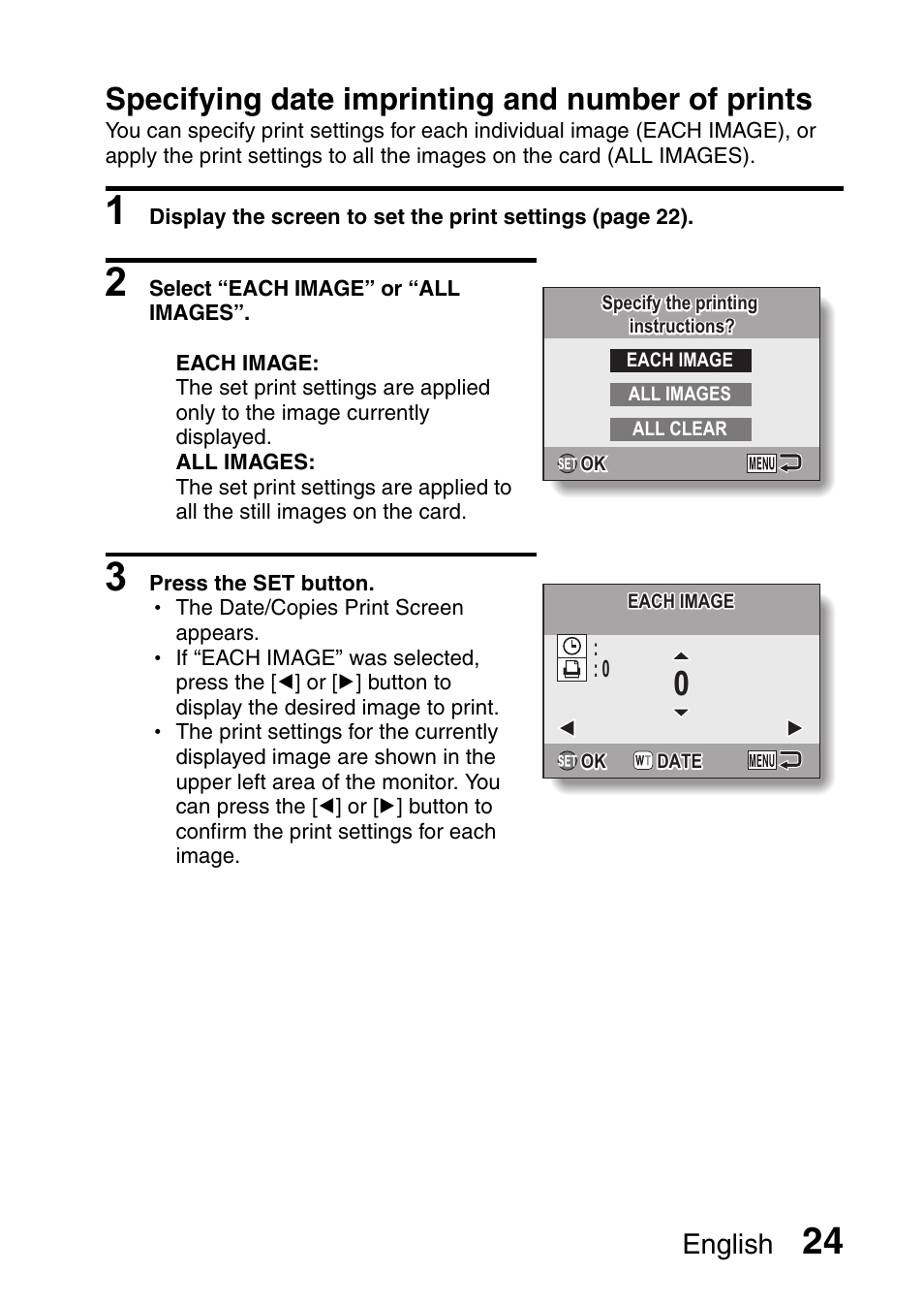 Specifying date imprinting and number of prints, English | Sanyo VPC-X1200GX User Manual | Page 26 / 60