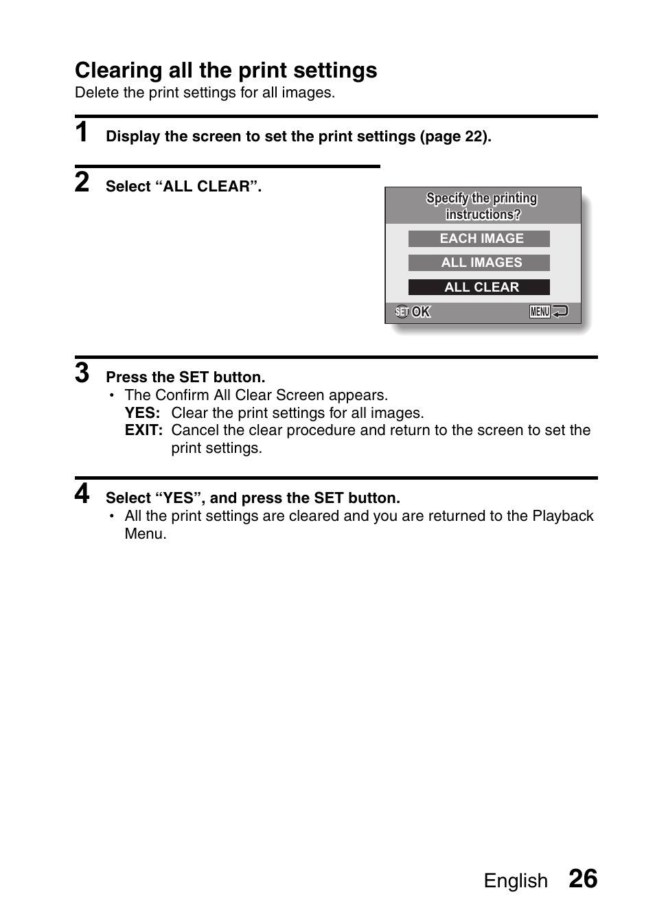 Clearing all the print settings, English | Sanyo VPC-X1200GX User Manual | Page 28 / 60