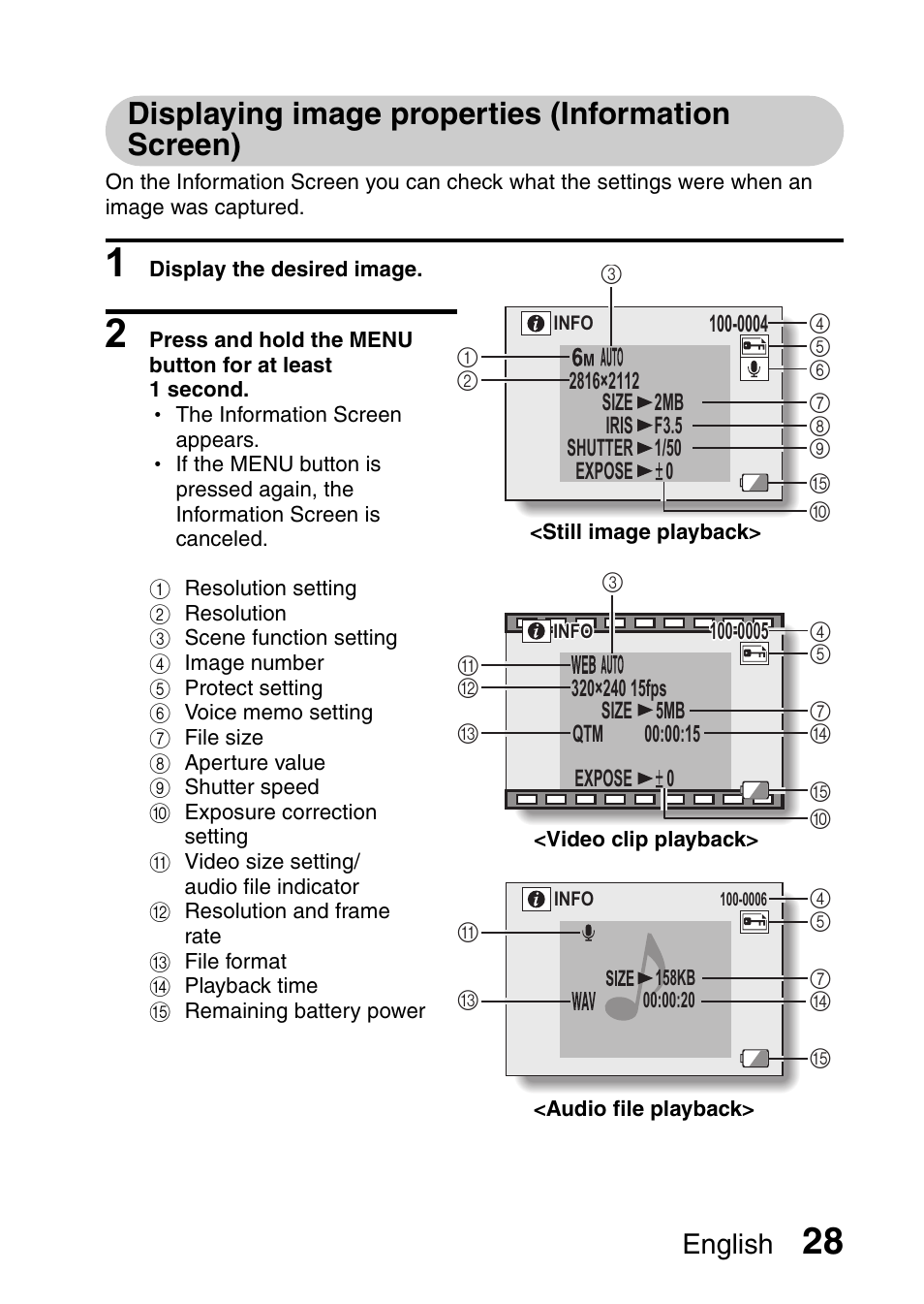 Displaying image properties (information screen), English | Sanyo VPC-X1200GX User Manual | Page 30 / 60