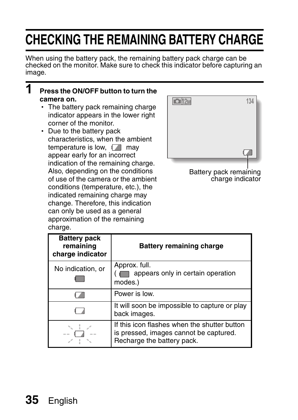 Checking the remaining battery charge, English | Sanyo VPC-X1200GX User Manual | Page 37 / 60
