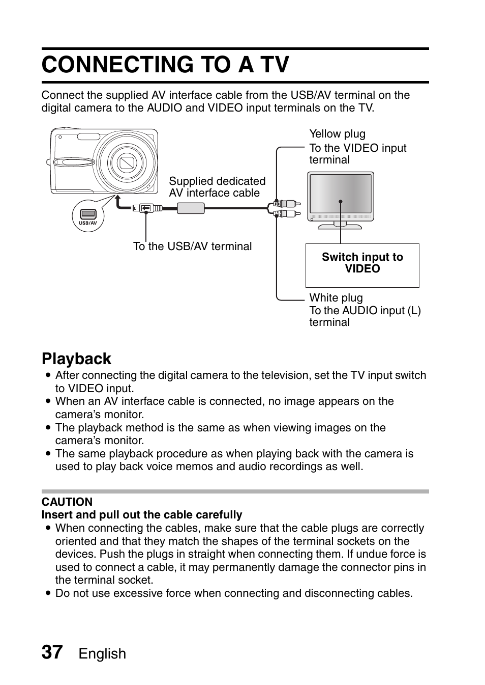 Connecting to a tv, Playback, English | Sanyo VPC-X1200GX User Manual | Page 39 / 60