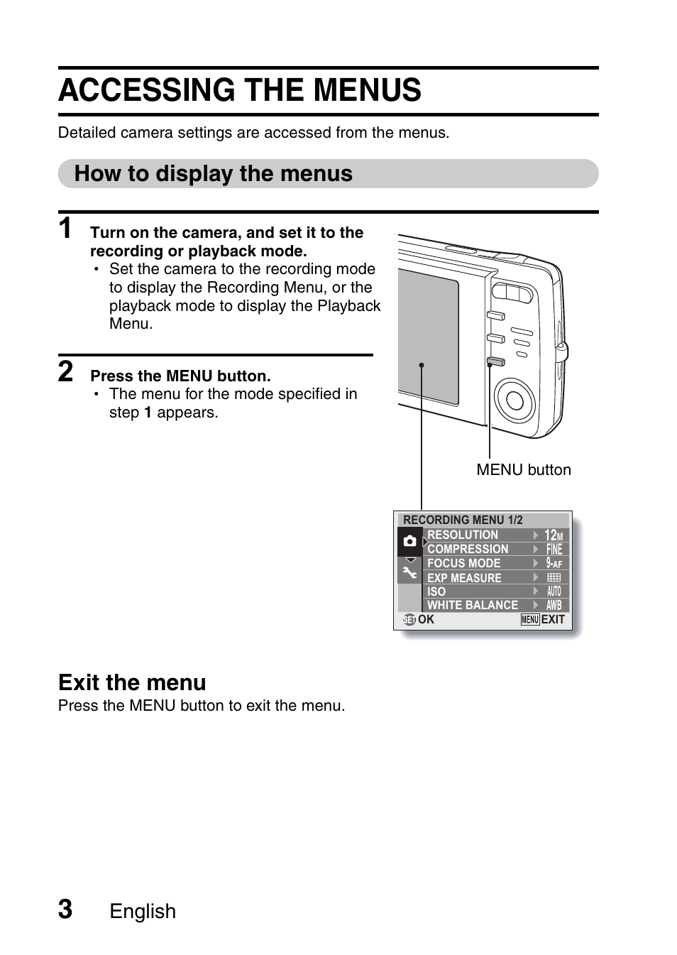 Accessing the menus, How to display the menus, Exit the menu | English | Sanyo VPC-X1200GX User Manual | Page 5 / 60