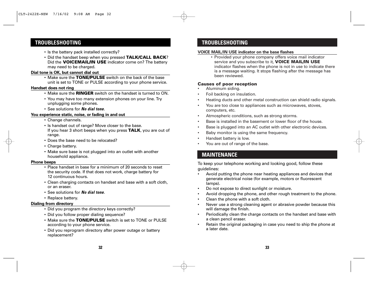 Maintenance, Troubleshooting | Sanyo CLT-2422 User Manual | Page 17 / 20