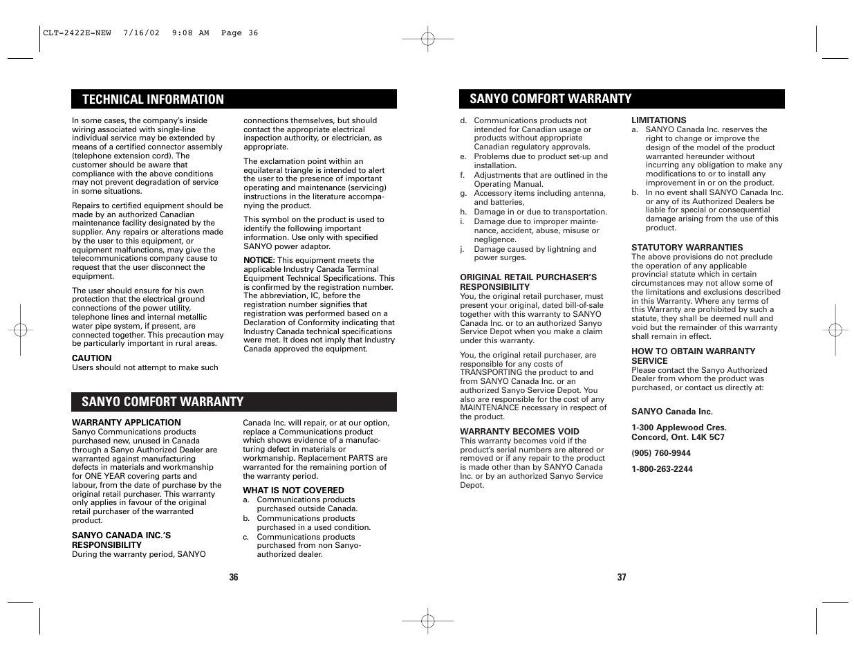 Sanyo comfort warranty, Technical information | Sanyo CLT-2422 User Manual | Page 19 / 20