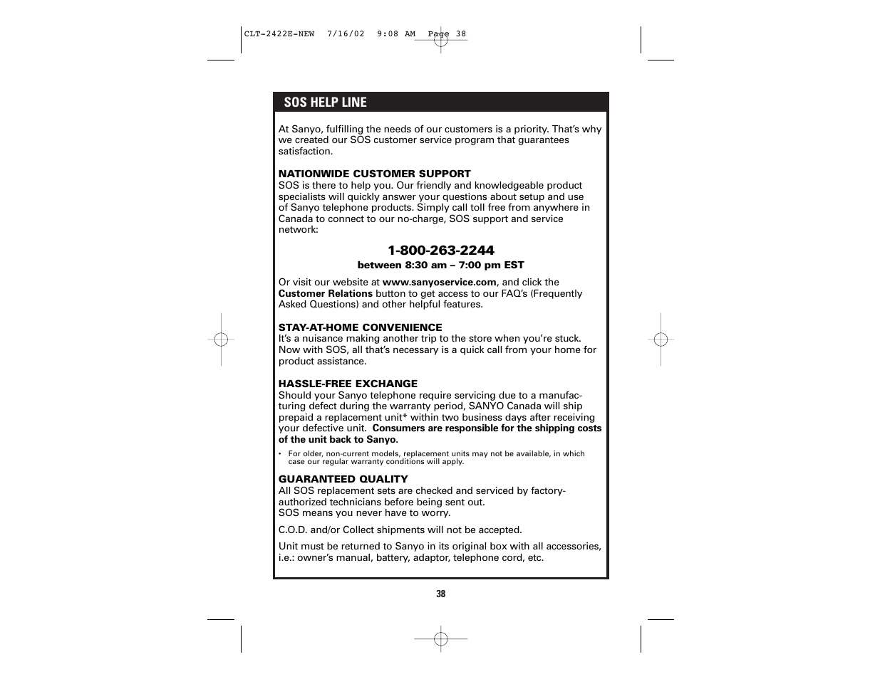 Sos help line | Sanyo CLT-2422 User Manual | Page 20 / 20