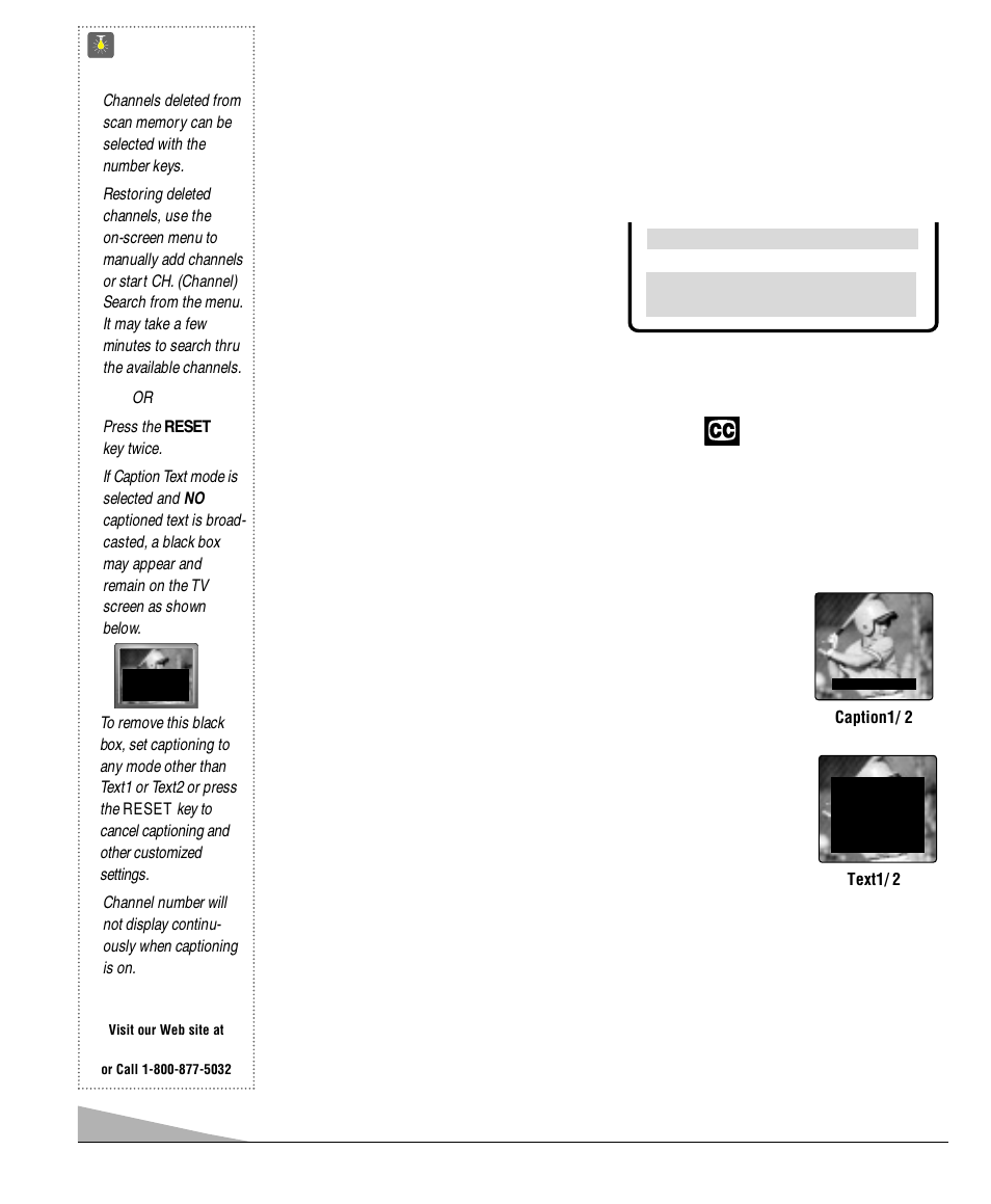Closed-captioning, 12 quicktips, Adding or deleting channels | Setting captions | Sanyo DS25520 User Manual | Page 12 / 48
