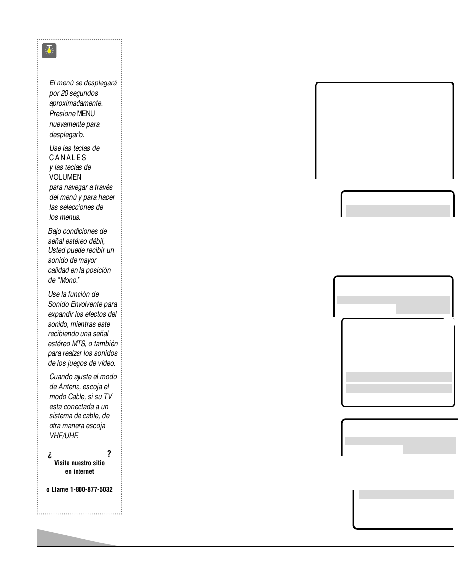 Ajustes del tv, Consejos rápidos, Como operar el menú en pantalla | Ajuste el modo de audio, Ajuste de imagen/sonido, Necesita ayuda | Sanyo DS25520 User Manual | Page 28 / 48