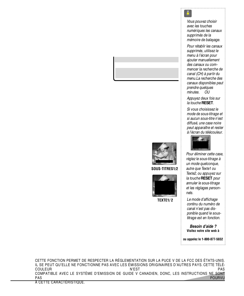 Sous-titrage (cc), Conseils, Renseignements sur le guide v | Ajout ou élimination de canaux, Réglage des sous-titres, Besoin d’aide | Sanyo DS25520 User Manual | Page 45 / 48