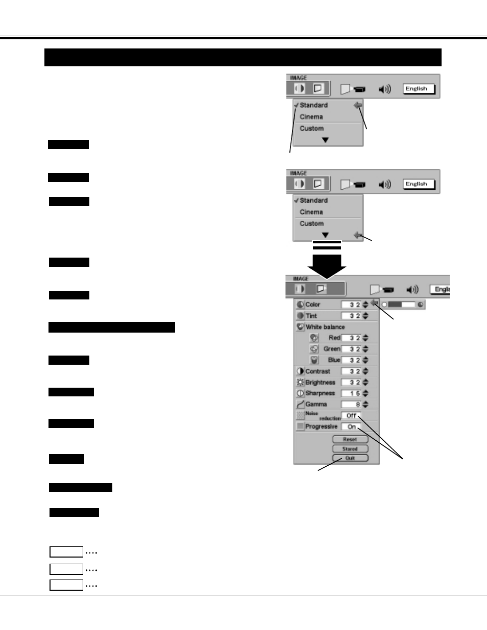 Picture image adjustment, Video mode | Sanyo PLC-XF20 User Manual | Page 37 / 52