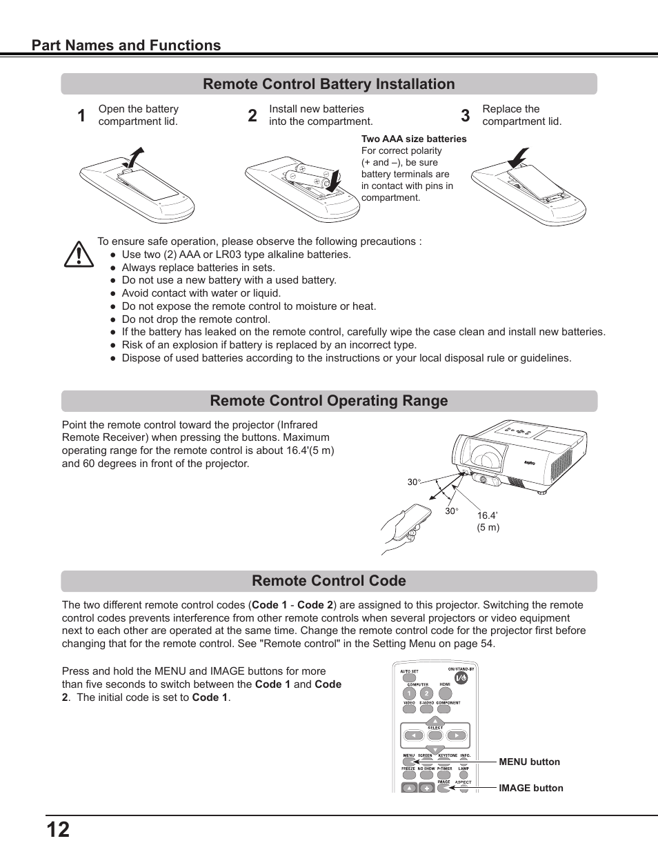 Remote control battery installation, Remote control operating range, Remote control code | Part names and functions | Sanyo PLC-WL2503A User Manual | Page 12 / 78