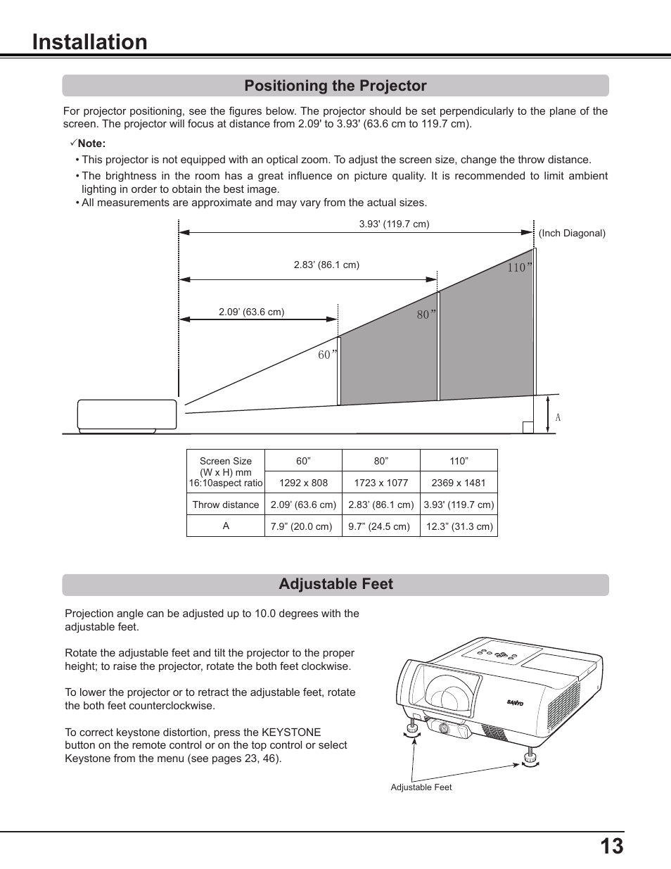 Installation, Positioning the projector, Adjustable feet | Sanyo PLC-WL2503A User Manual | Page 13 / 78