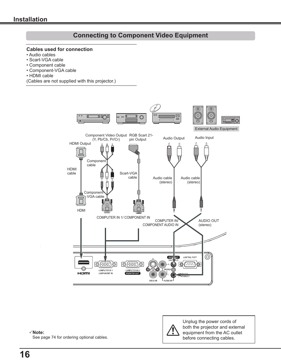 Connecting to component video equipment, Connecting to component video equipment 16 | Sanyo PLC-WL2503A User Manual | Page 16 / 78