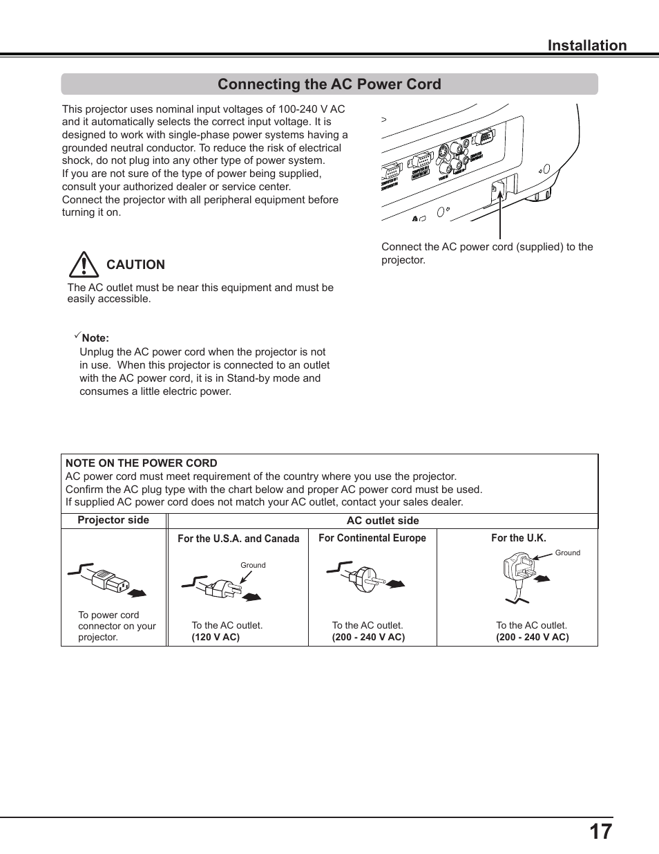 Connecting the ac power cord, Installation connecting the ac power cord | Sanyo PLC-WL2503A User Manual | Page 17 / 78