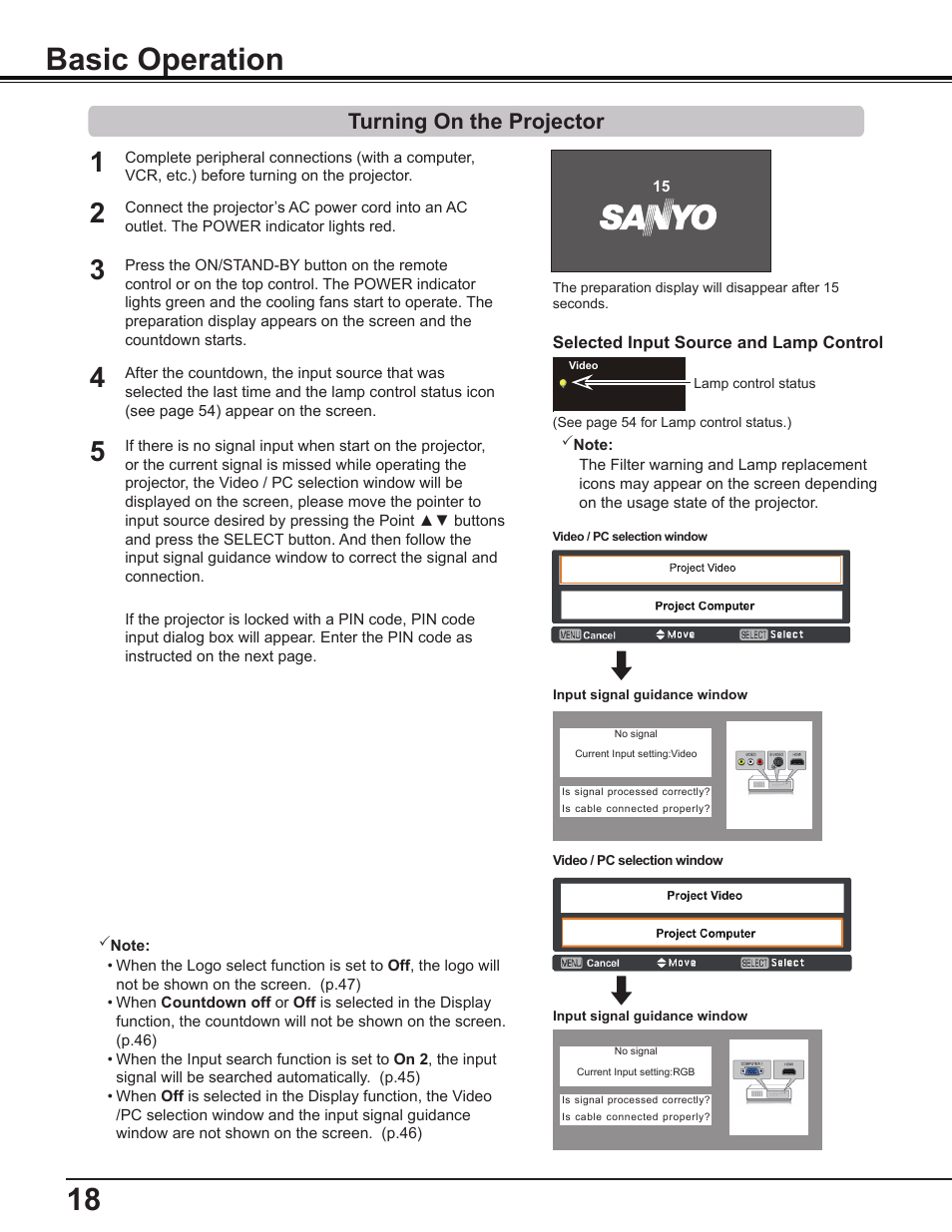 Basic operation, Turning on the projector | Sanyo PLC-WL2503A User Manual | Page 18 / 78