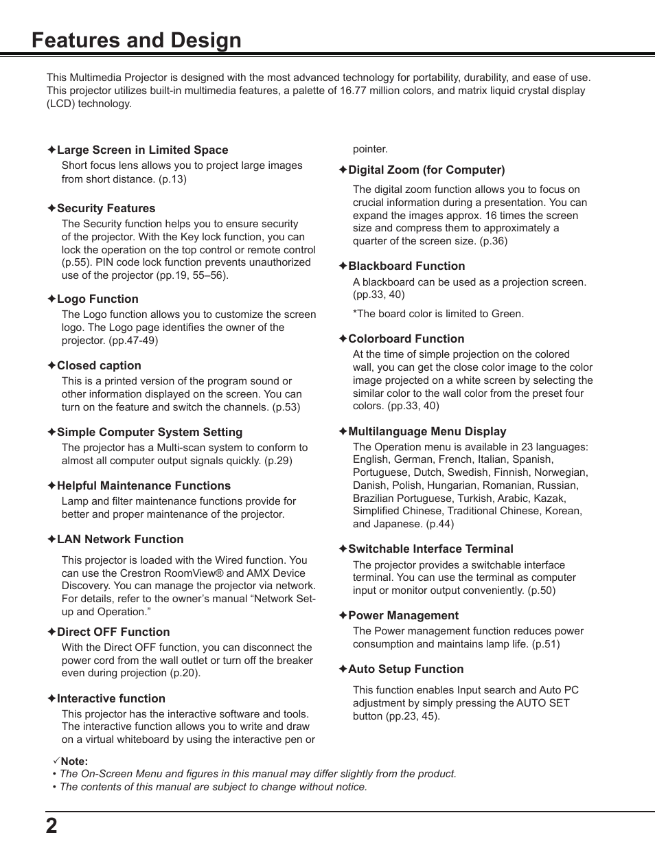 Features and design, 2features and design | Sanyo PLC-WL2503A User Manual | Page 2 / 78