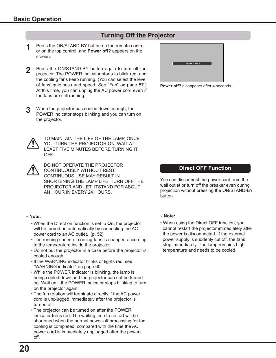 Turning off the projector, Basic operation | Sanyo PLC-WL2503A User Manual | Page 20 / 78