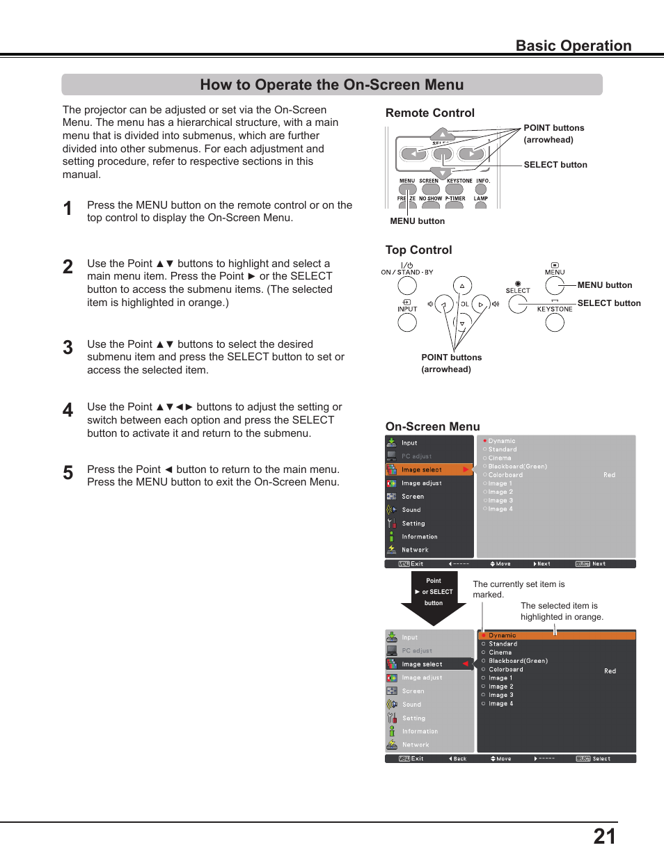 How to operate the on-screen menu, Basic operation | Sanyo PLC-WL2503A User Manual | Page 21 / 78