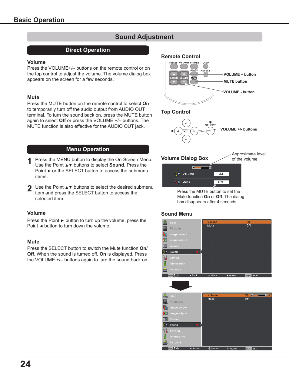 Sound adjustment, Basic operation | Sanyo PLC-WL2503A User Manual | Page 24 / 78