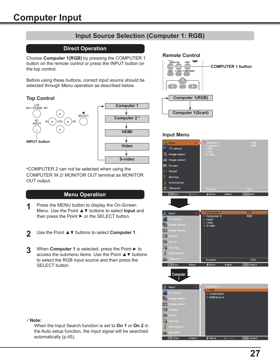 Computer input, Input source selection (computer 1: rgb) | Sanyo PLC-WL2503A User Manual | Page 27 / 78