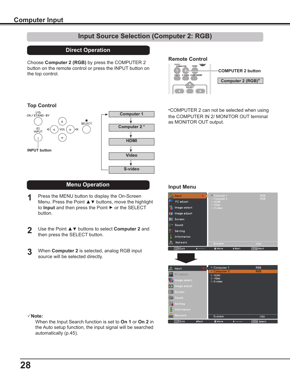 Input source selection (computer 2: rgb) | Sanyo PLC-WL2503A User Manual | Page 28 / 78