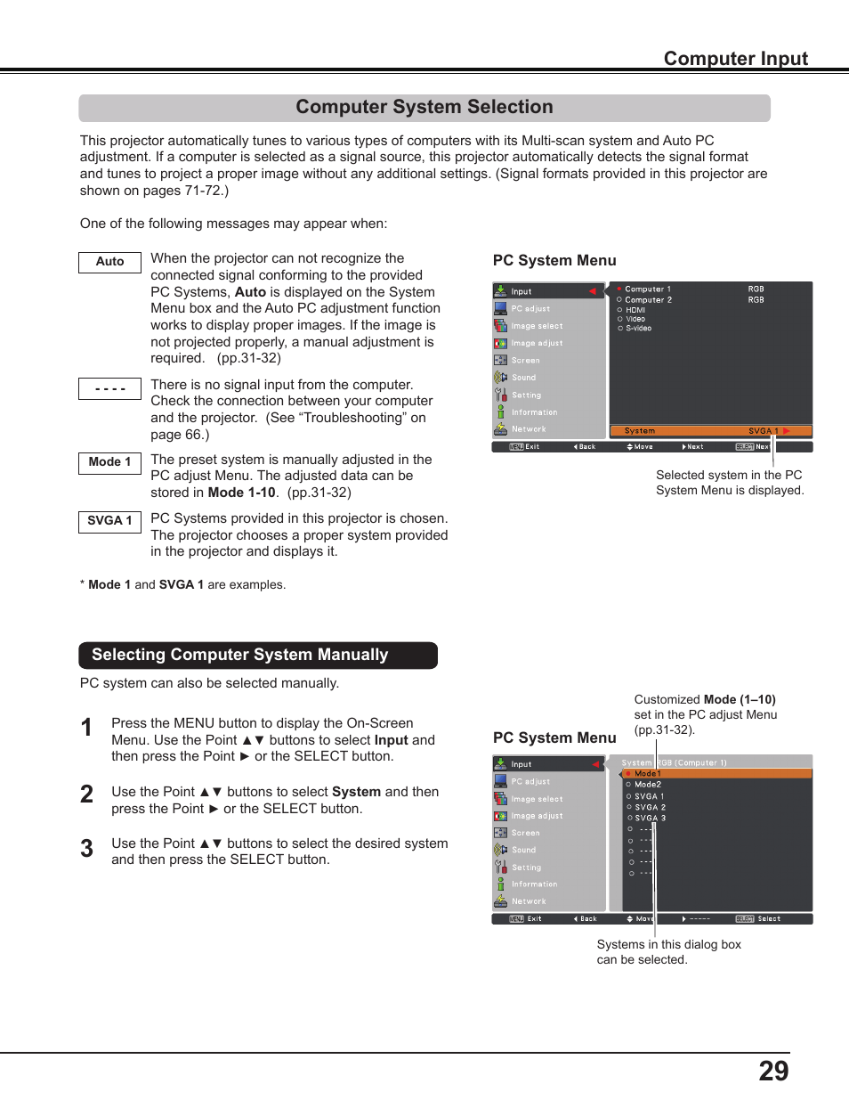 Computer system selection, Computer input | Sanyo PLC-WL2503A User Manual | Page 29 / 78