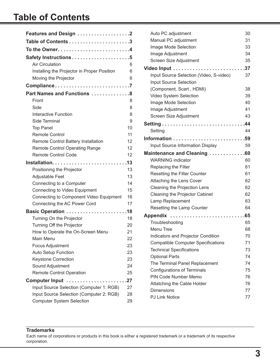 Sanyo PLC-WL2503A User Manual | Page 3 / 78