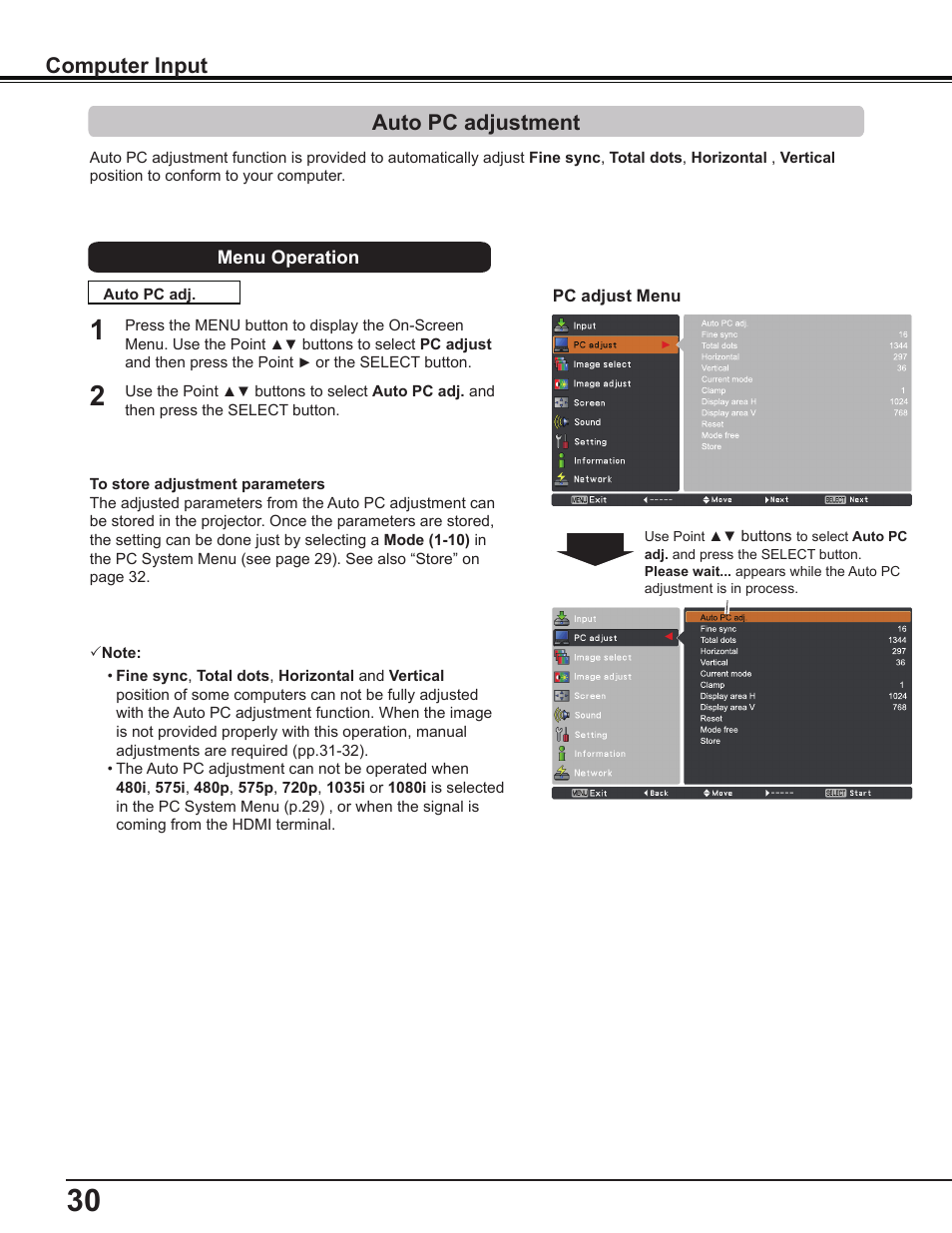 Auto pc adjustment, Computer input | Sanyo PLC-WL2503A User Manual | Page 30 / 78