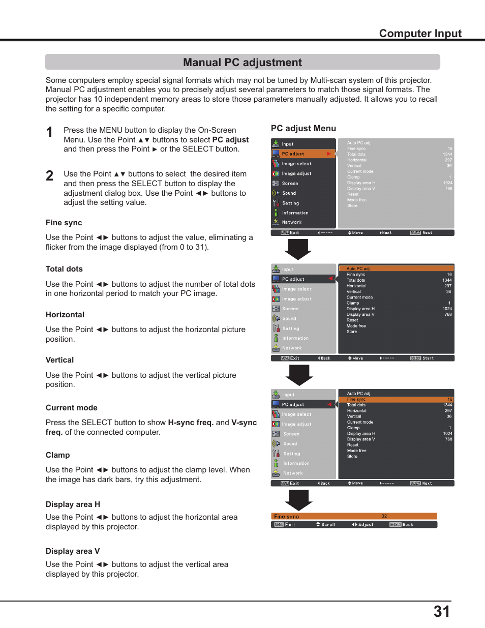 Manual pc adjustment, Computer input | Sanyo PLC-WL2503A User Manual | Page 31 / 78