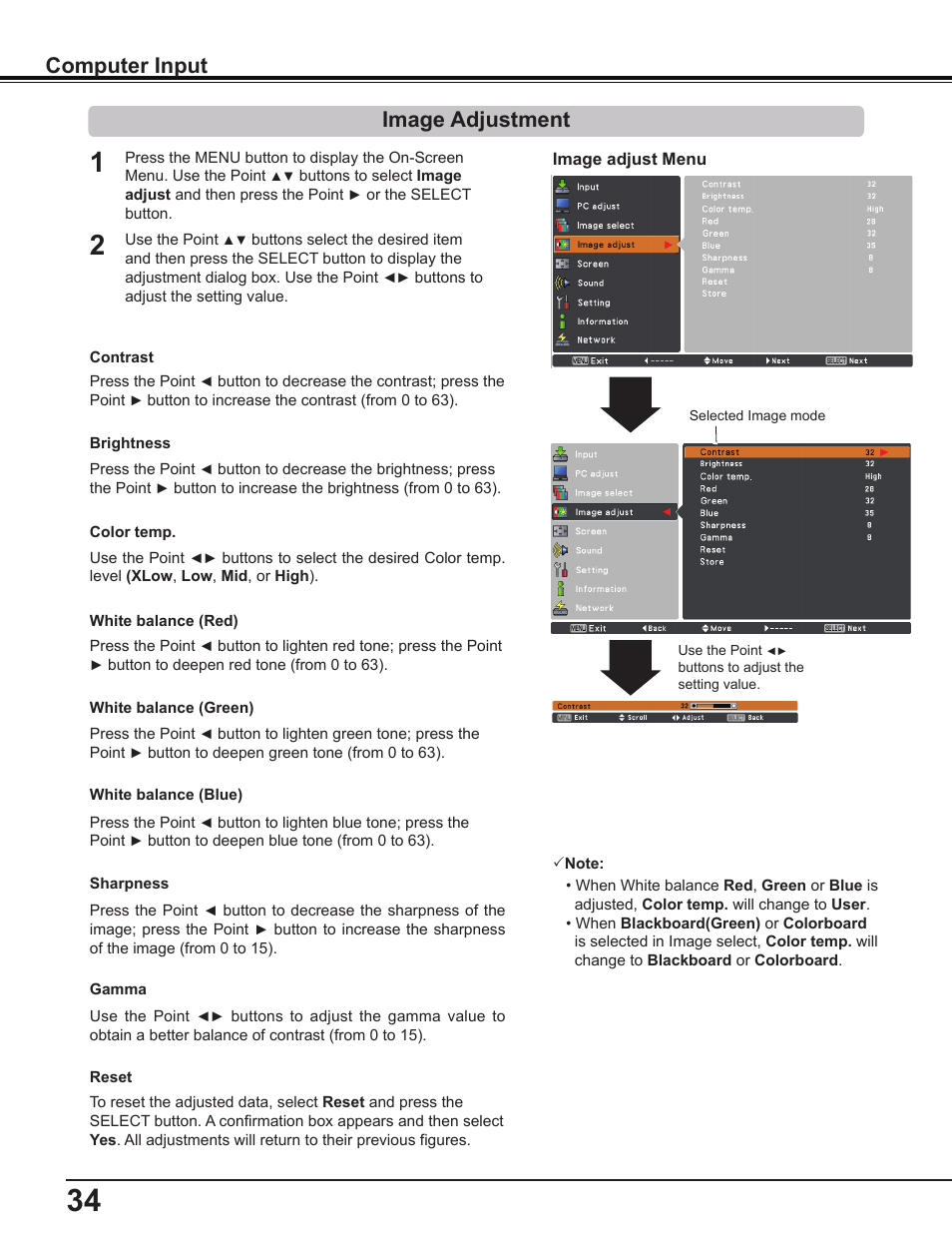 Image adjustment, Computer input | Sanyo PLC-WL2503A User Manual | Page 34 / 78