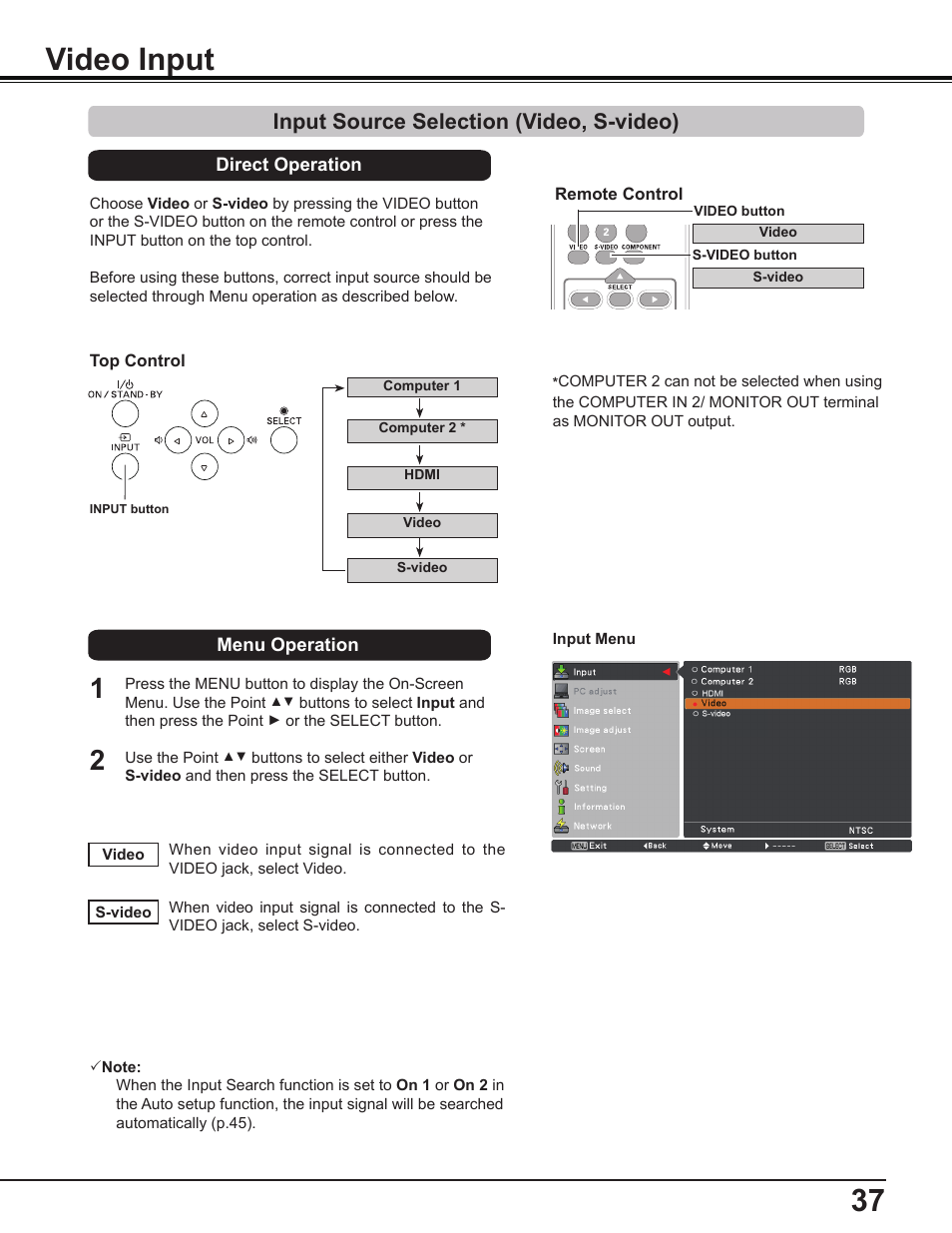 Video input, Input source selection (video, s-video) | Sanyo PLC-WL2503A User Manual | Page 37 / 78