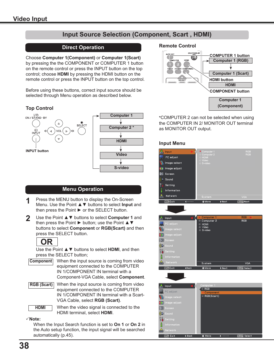 Input source selection (component, scart , hdmi), Video input | Sanyo PLC-WL2503A User Manual | Page 38 / 78