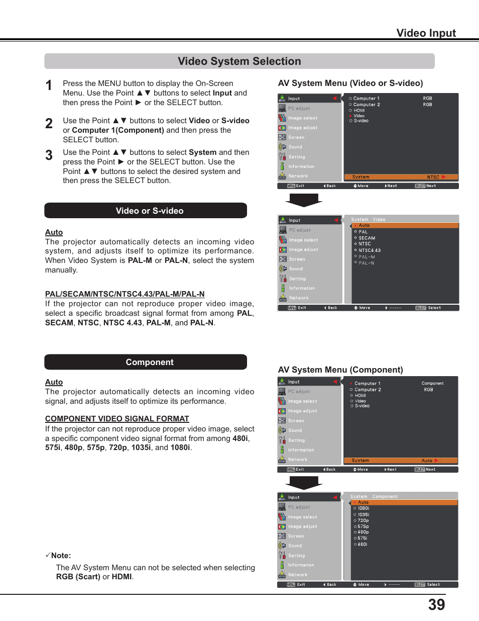 Video system selection, Video input | Sanyo PLC-WL2503A User Manual | Page 39 / 78