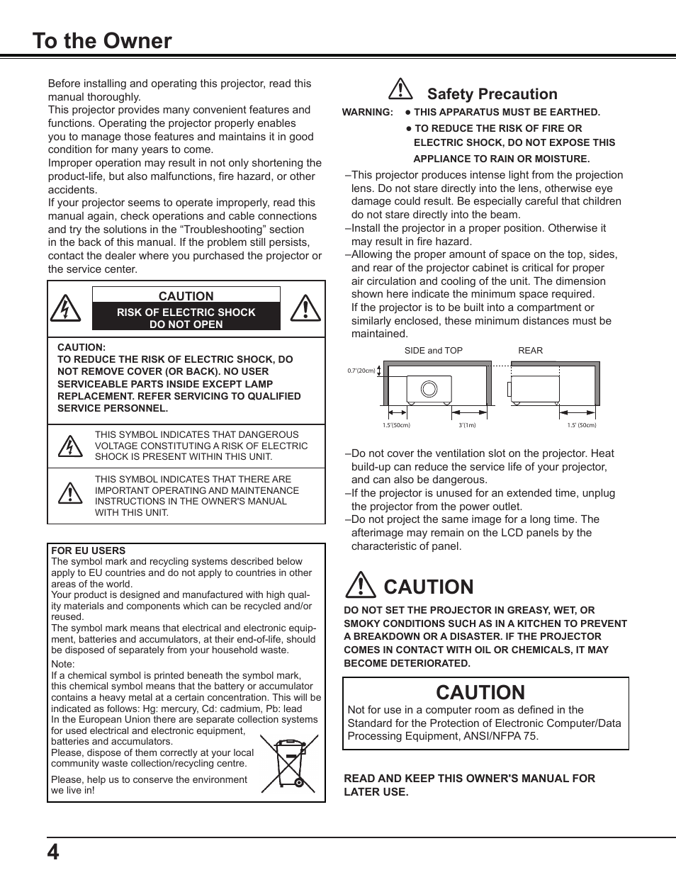 To the owner, 4to the owner, Caution | Safety precaution | Sanyo PLC-WL2503A User Manual | Page 4 / 78