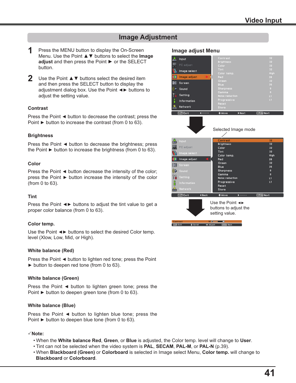 Image adjustment, Video input | Sanyo PLC-WL2503A User Manual | Page 41 / 78