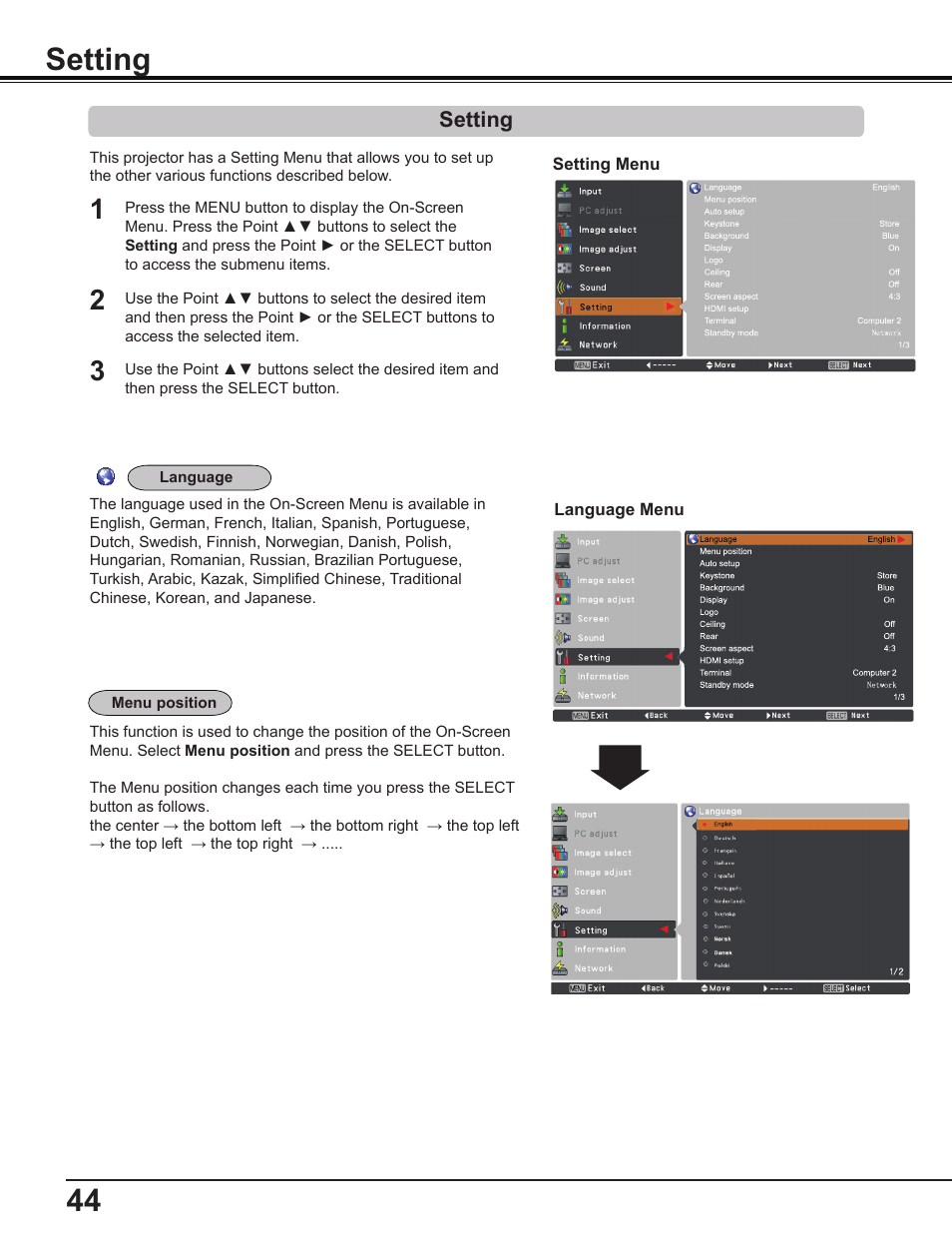 Setting | Sanyo PLC-WL2503A User Manual | Page 44 / 78