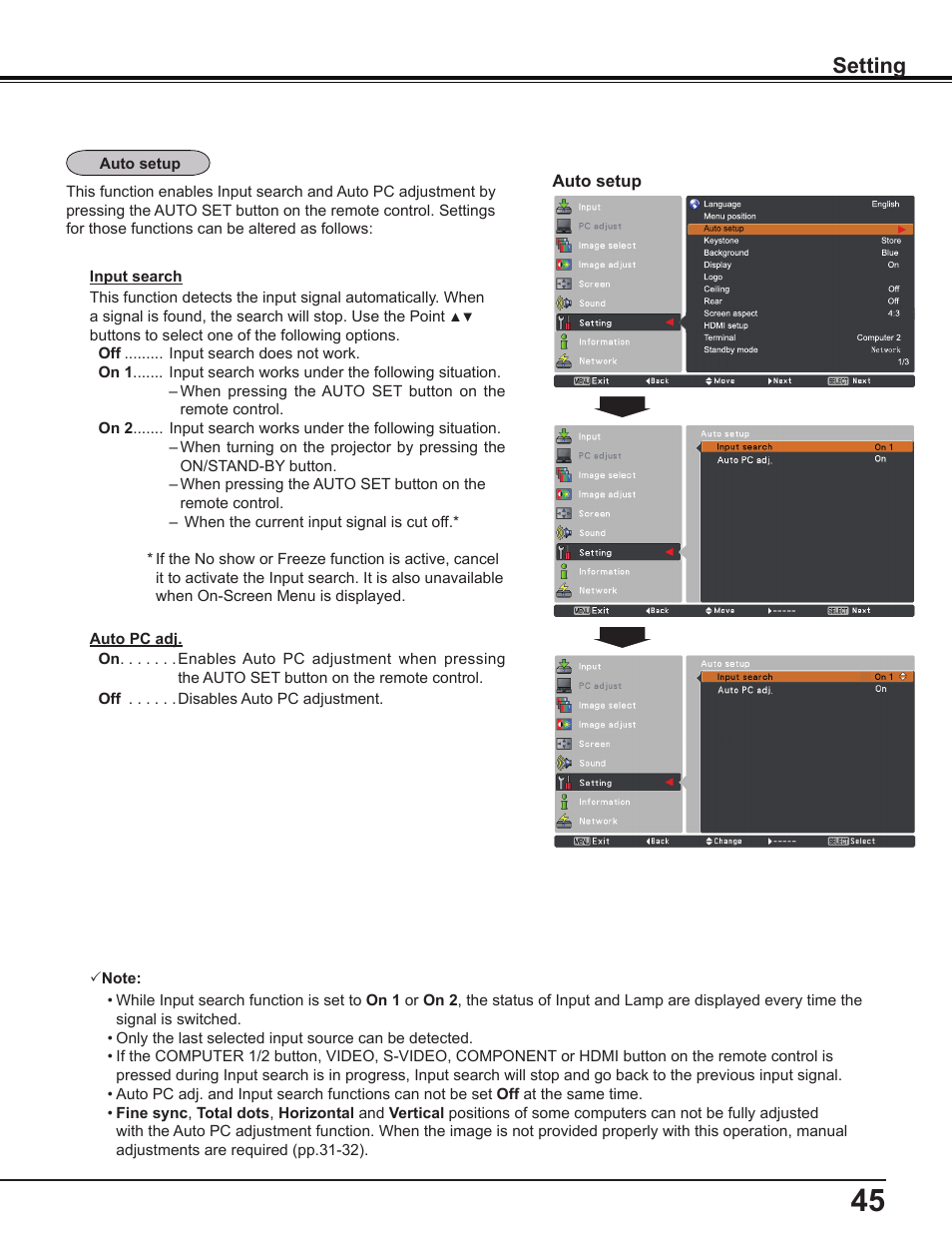 Setting | Sanyo PLC-WL2503A User Manual | Page 45 / 78