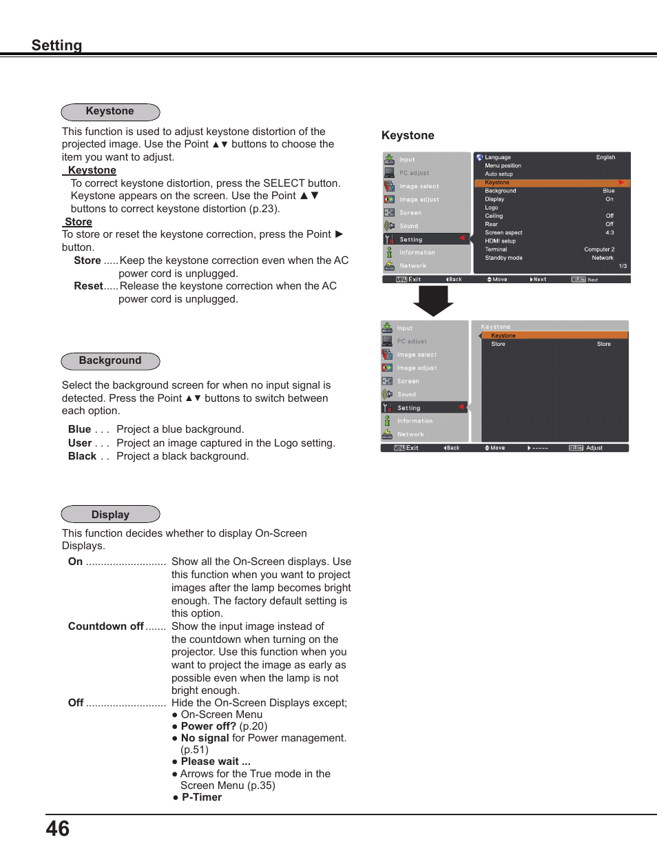 Setting | Sanyo PLC-WL2503A User Manual | Page 46 / 78