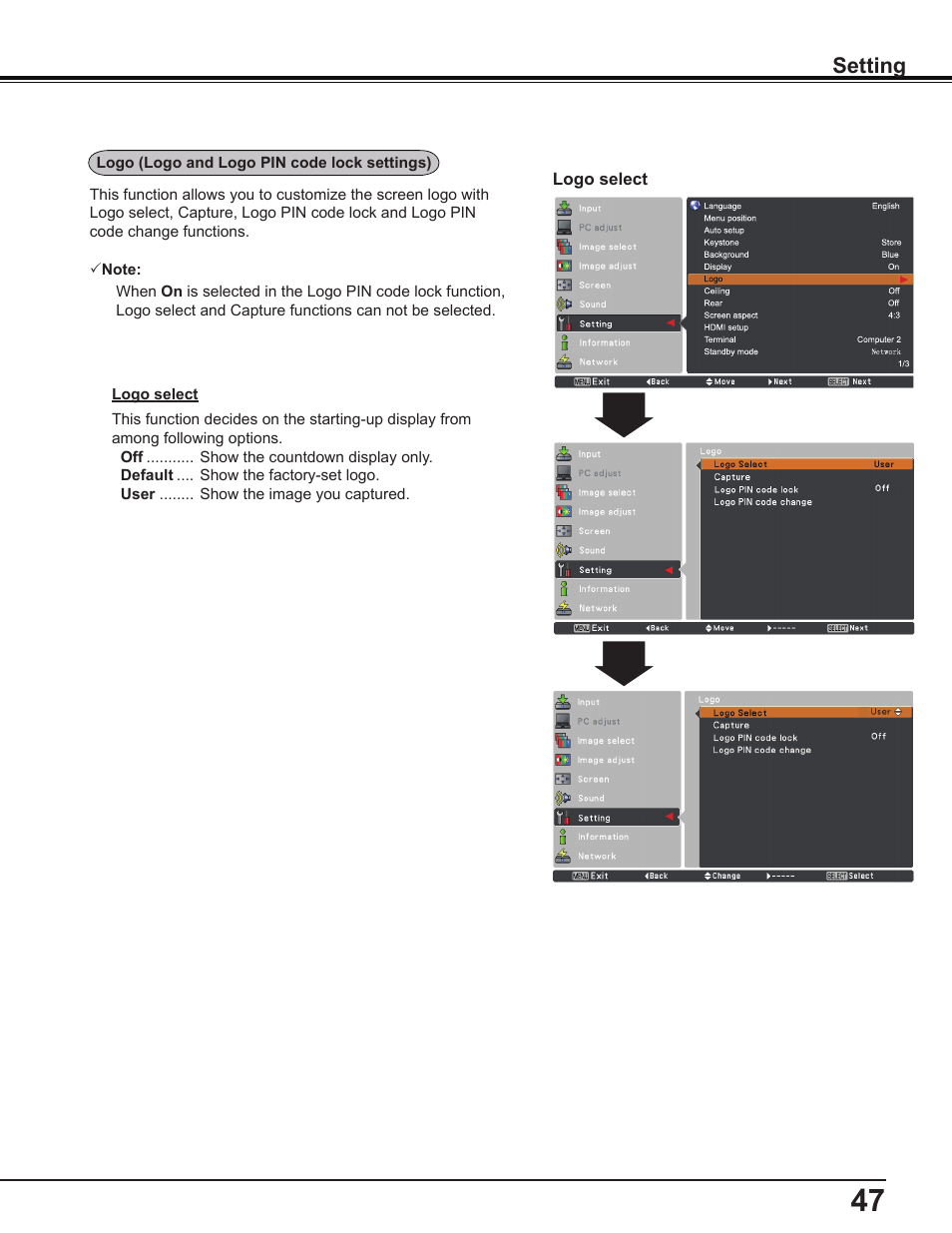 Setting | Sanyo PLC-WL2503A User Manual | Page 47 / 78