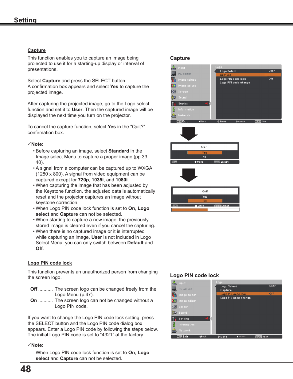 Setting | Sanyo PLC-WL2503A User Manual | Page 48 / 78