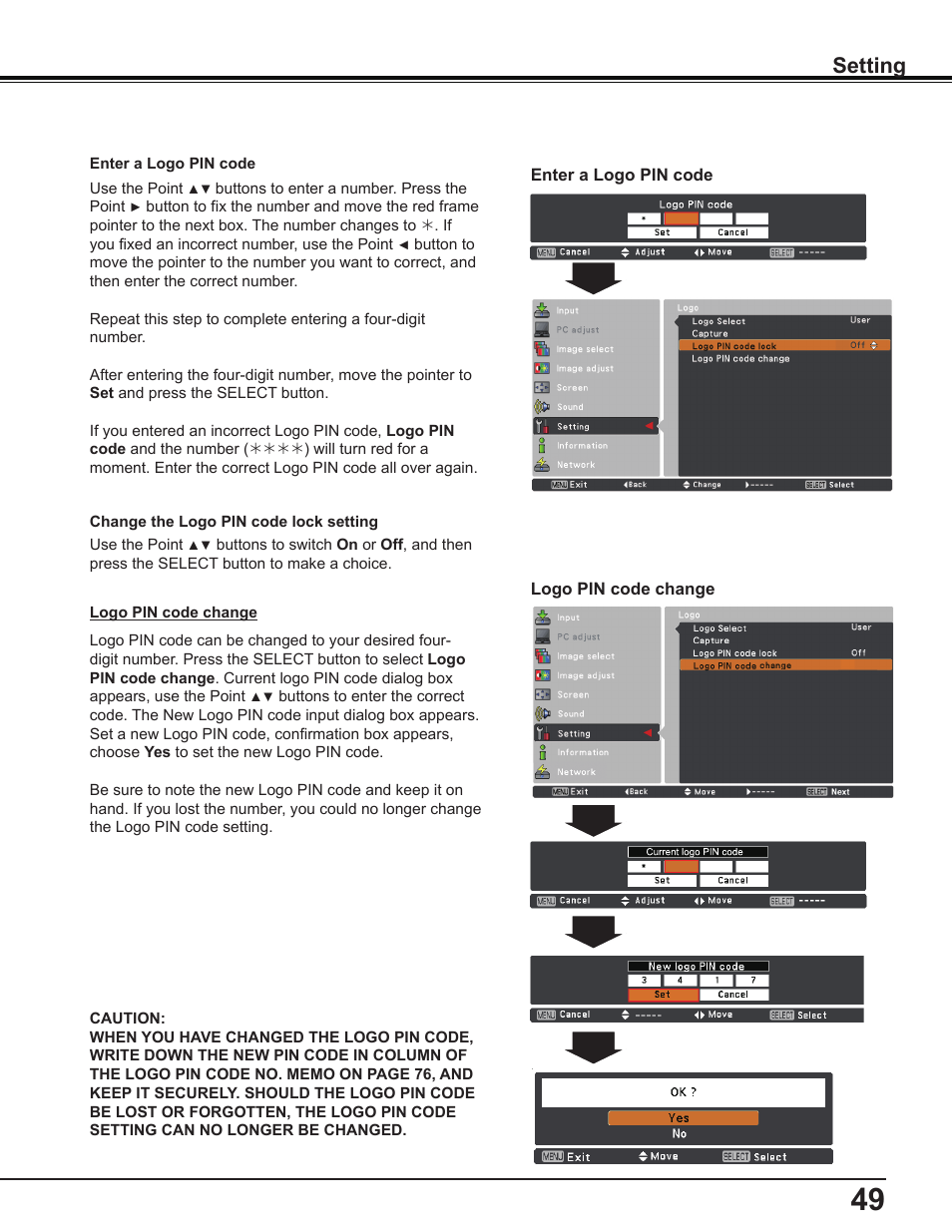 Setting | Sanyo PLC-WL2503A User Manual | Page 49 / 78