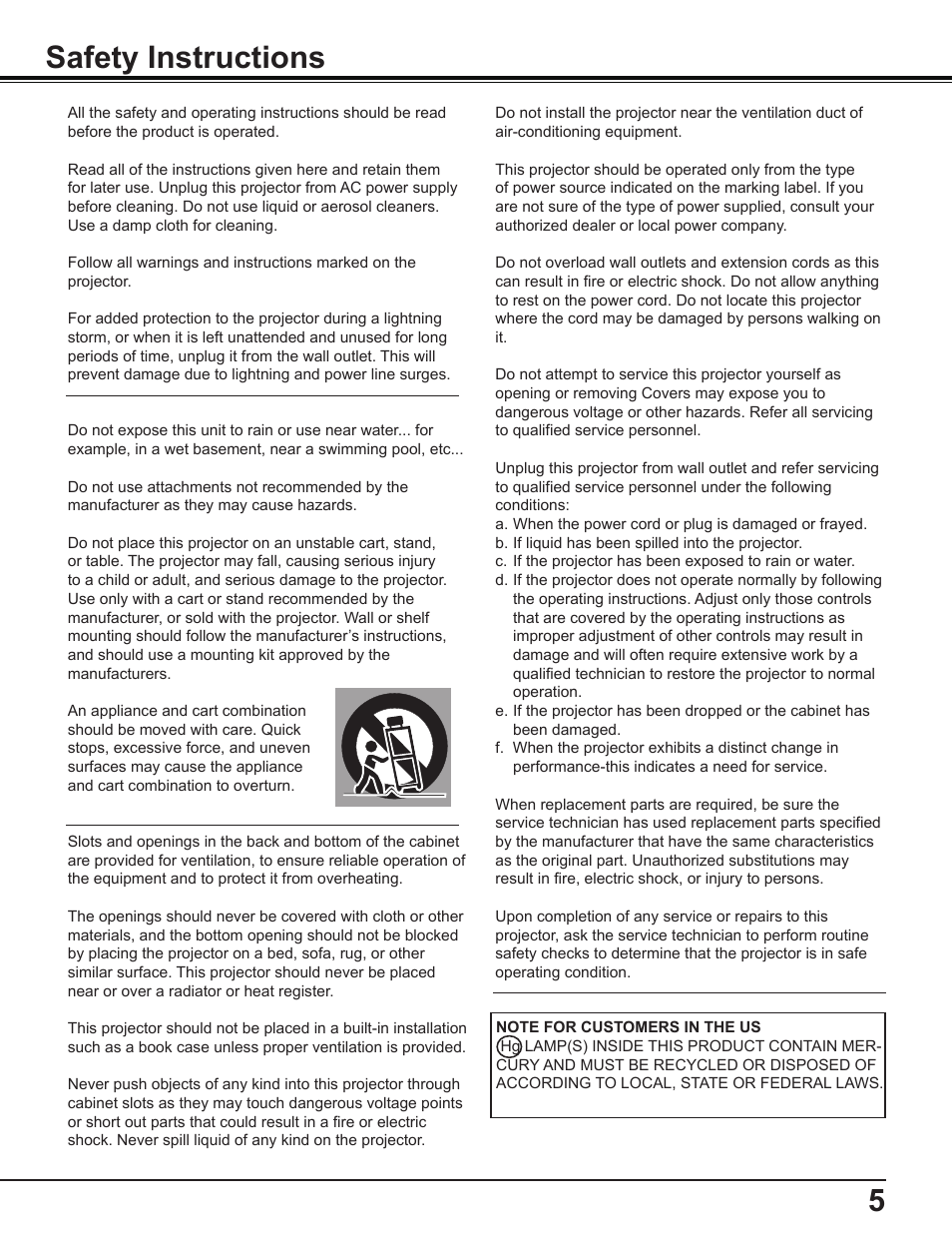 Safety instructions, 5safety instructions | Sanyo PLC-WL2503A User Manual | Page 5 / 78