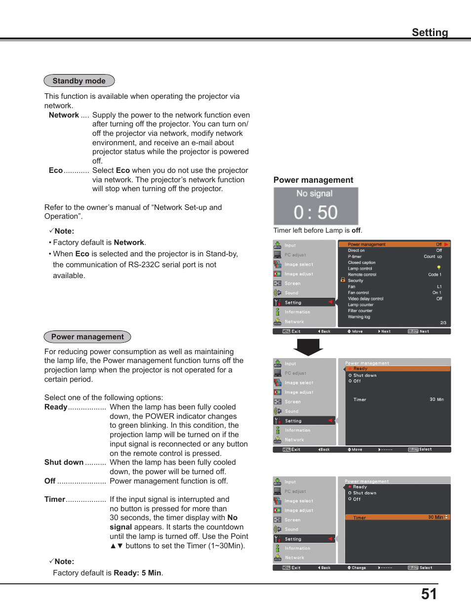 Setting | Sanyo PLC-WL2503A User Manual | Page 51 / 78