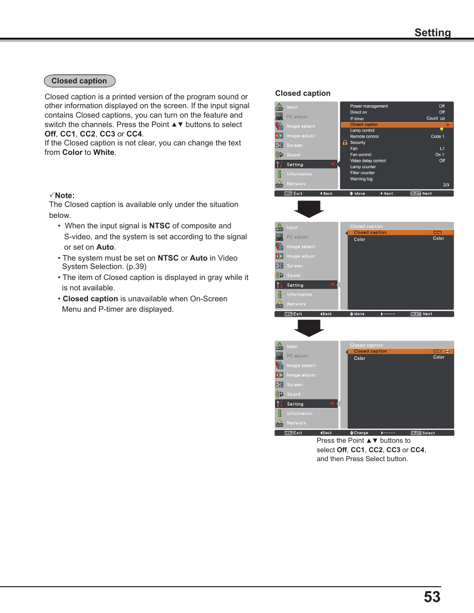 Setting | Sanyo PLC-WL2503A User Manual | Page 53 / 78