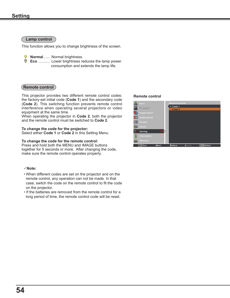 Setting | Sanyo PLC-WL2503A User Manual | Page 54 / 78